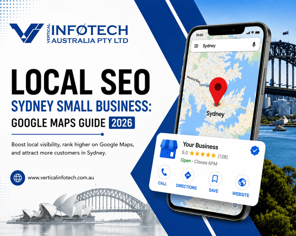 Local SEO guide for Sydney small businesses in 2026 featuring Google Maps optimisation, business listing, and local search visibility.